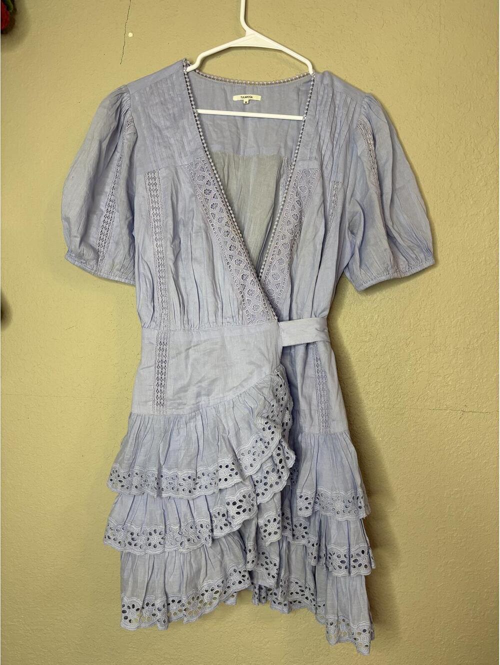 Tularosa Light Blue Eyelet Ruffle Wrap Mini Dress Size M